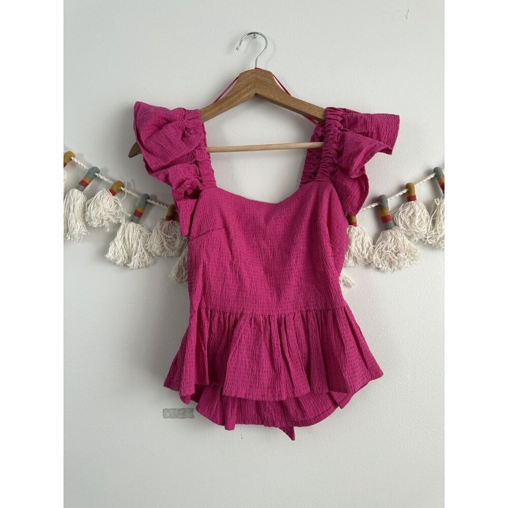 Francesca's Mi Ami Pink Open Back Bow Tie Ruffle Sleeve Crop Top Coquette Dainty
